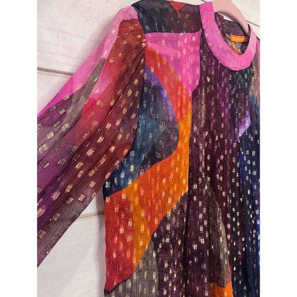 Oliphant Women’s Hi Neck Smocked Sleeve Blouse Metallic Gold Lurex XS - Picture 2 of 6